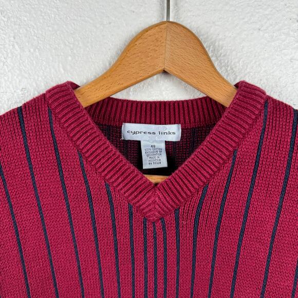 Vintage Cypress Links Sweater Size Large Red Blue Stripe Cotton V Neck Pullover - Picture 2 of 5